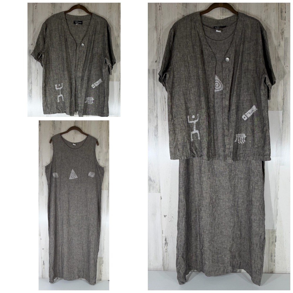 Positive Influence Dress 14 Gray Linen 2pc Maxi Dress Artsy Abstract Minimalist